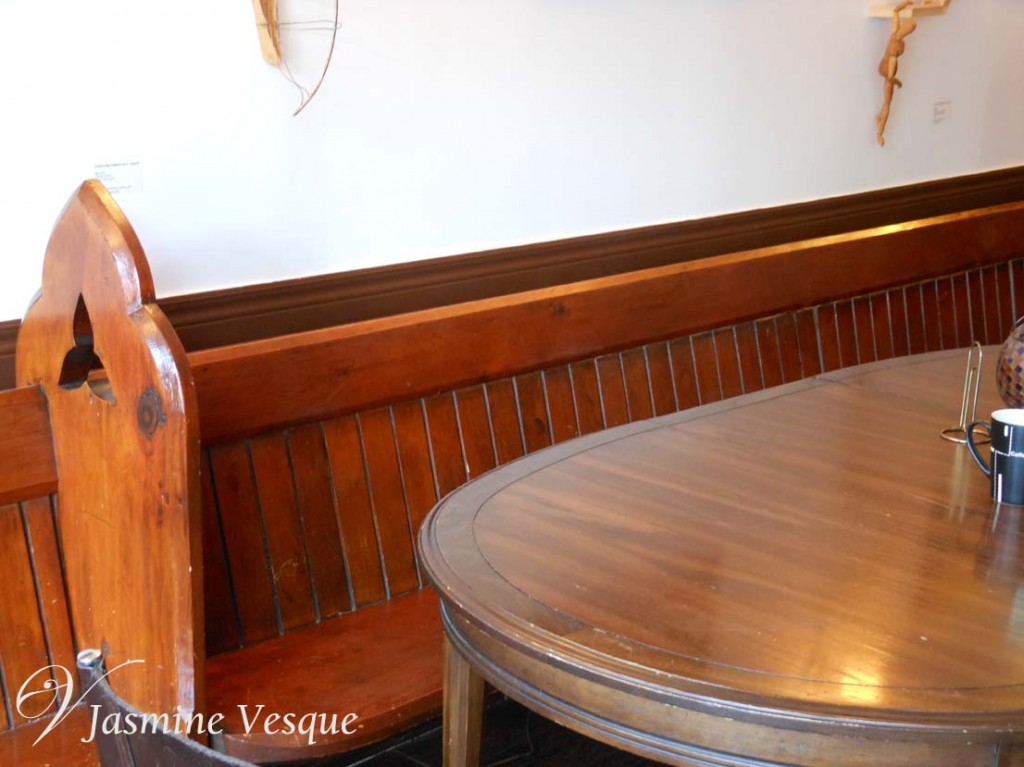 The church pews for seats at the Daily Grind