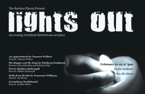 Image of a hand extinguishing a candle flame with text describing the plays at the event, Lights Out